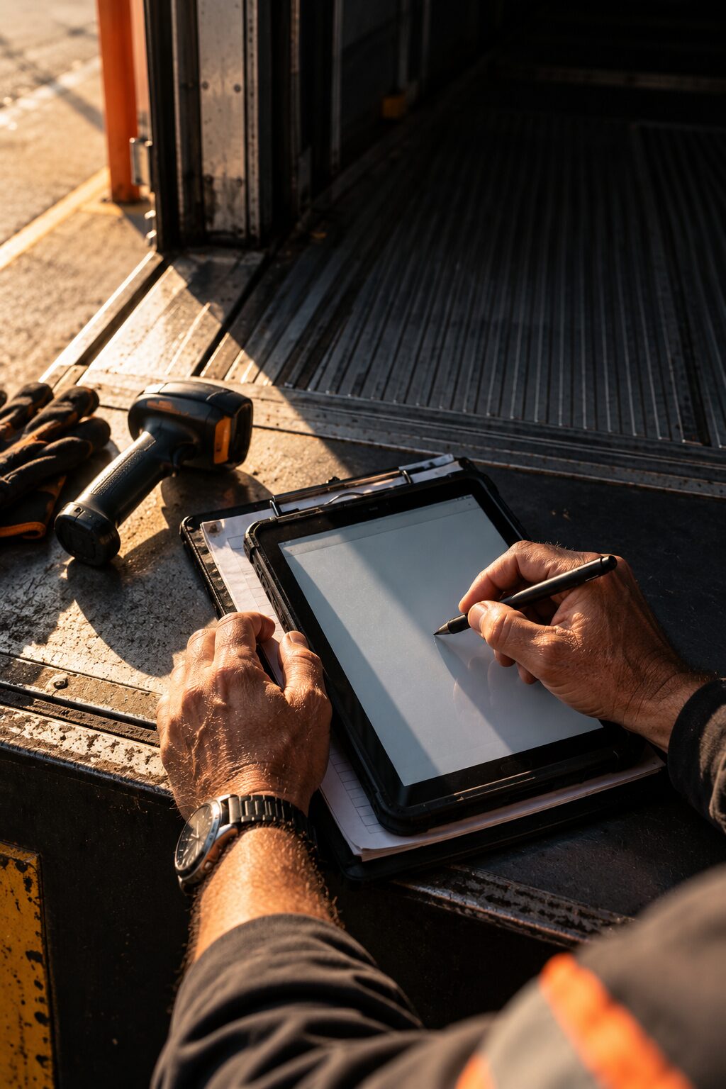 Hands signing a consignment docket on a tablet at the tail of a trailer