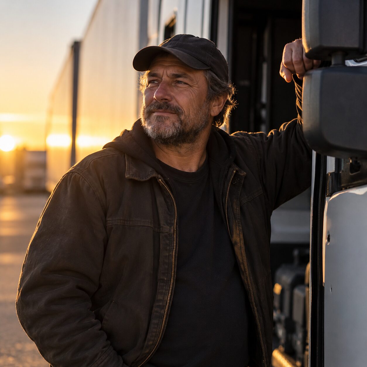 Portrait of a long-haul driver leaning on his open cab door at sundown