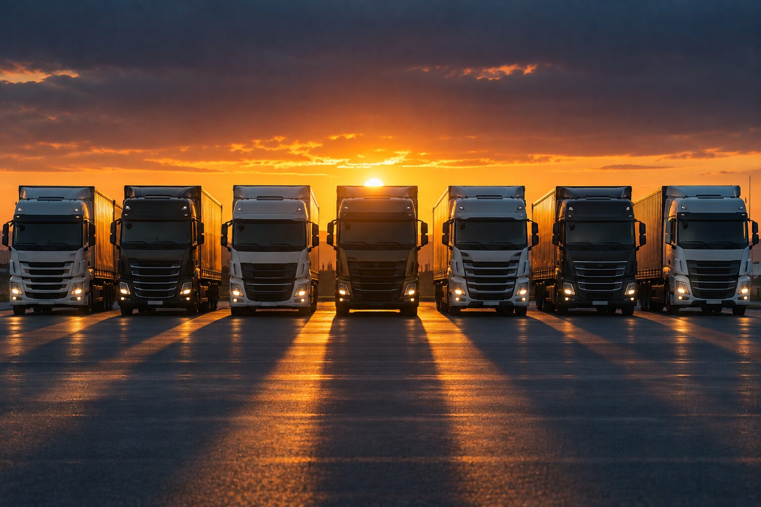 A row of freight trucks parked nose-out at dusk, sun setting behind them